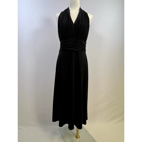 VTG Evan Picone Black Sleeveless V Neck Halter Empire Midi Dress 10 Cocktail - Picture 7 of 10